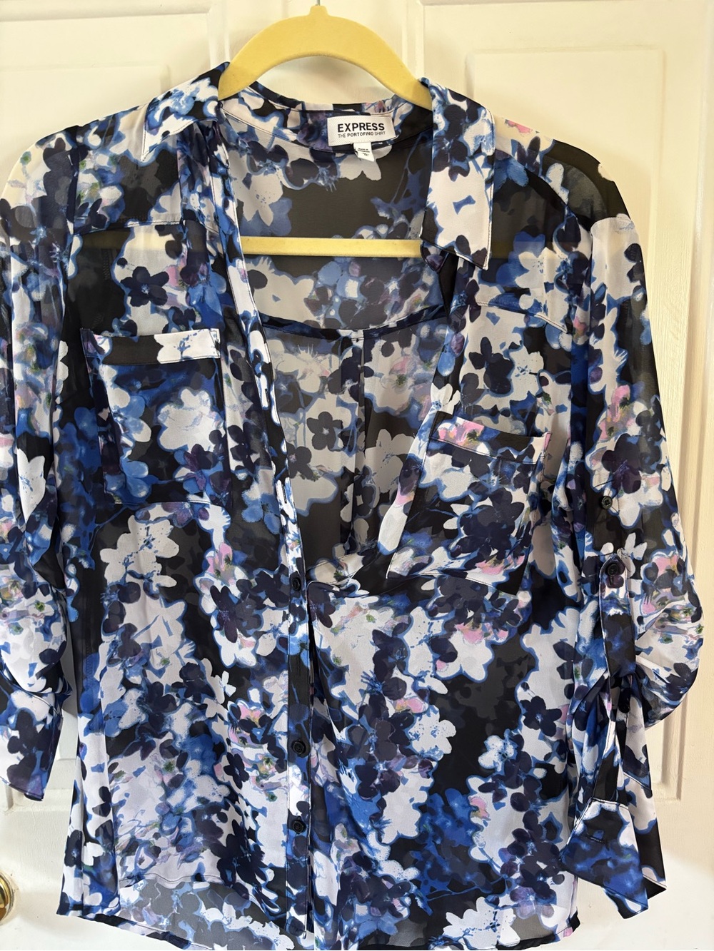 Express Blue, Black & White Floral Sheer Blouse